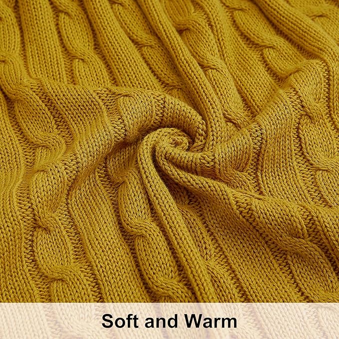 NTBAY 100% Pure Cotton Twin (60x80) Cable Knit Throw Blanket, Super Soft Warm Knitted Blanket for Bed, Sofa, Chair, Couch - Extra Cozy, Machine Washable, Comfortable Home Decor, Ginger Yellow