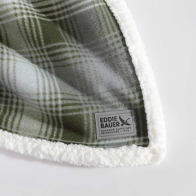 Eddie Bauer - Throw Blanket, Brushed Fleece & Plush Sherpa Bedding, Throw Blanket for Couch & Bed (Nordic Plaid Green, 50" x 70")