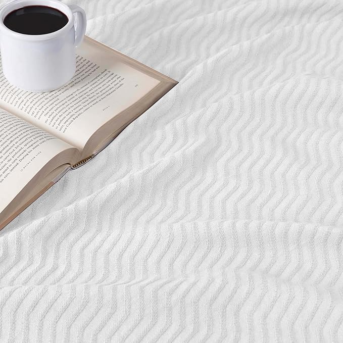 Superior JENA Cotton Blanket, for Picnic, Beach, Traveling or Camping, Bedroom Decor, Essentials, Cover for Bed, Couch, Lounging, Textured Jacquard, Modern Chevron Woven Blanket, Full/Queen, White