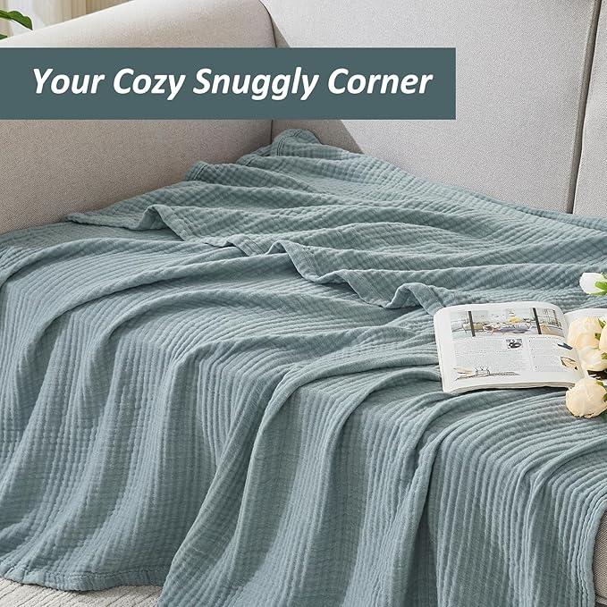 EMME Cotton Muslin King Blanket Bed Layering Bedspread Coverlet Breathable Gauze Blanket Soft Lightweight (Heather Teal, 108"x90")