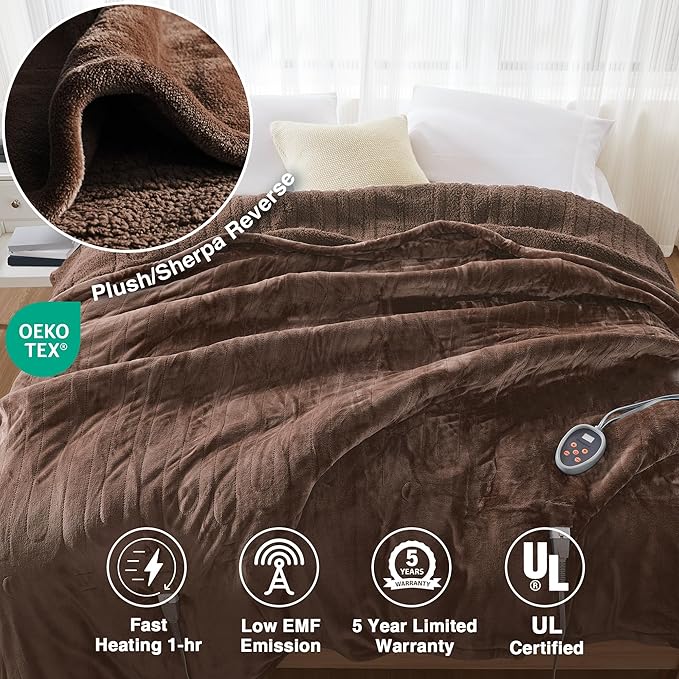 Beautyrest Heated Blanket, Electric Blanket, Soft, Warm, Reversible Plush - Sherpa Heating Blanket with 20 Heat Settings, 1-10 hrs Timer Auto Shut Off, Machine Washable, Full (84 inx80 in), Chocolate