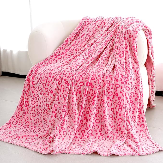 Pink Throw Blanket for Women - Soft Fuzzy Fleece Leopard Throw Cheetah Print Couch Bed Blankets, Pink Birthday Valentines Day Gifts for Her, Cute Stuff Aesthetic Room Decor for Teen Girls