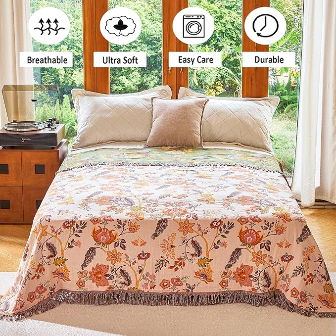 Boho Throw Blanket 60" x 80", 100% Organic Cotton Breathable Skin-Friendly Ultra Soft Bed Quilt Throw - Floral Rustic Decor Luxury Reversible Blanket for Sofa Couch Chair and Gift,