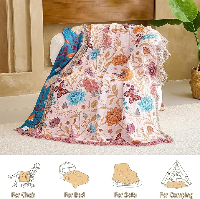 Boho Throw Blanket, 100% Organic Cotton Breathable Ultra Soft 50" x 60" Bed Quilt Throw - All Season Floral Rustic Farmhouse Decor Luxury Reversible Blanket for Sofa Couch Chair and Gift
