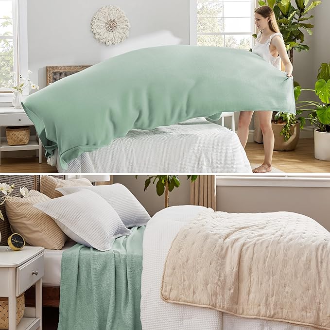 Bedsure GentleSoft 100% Cotton Blanket King Size for Bed - Breathable and Lightweight, Soft Cozy Textured Herringbone Woven Blanket for Summer Spring, Sage Green, 108x90 inches