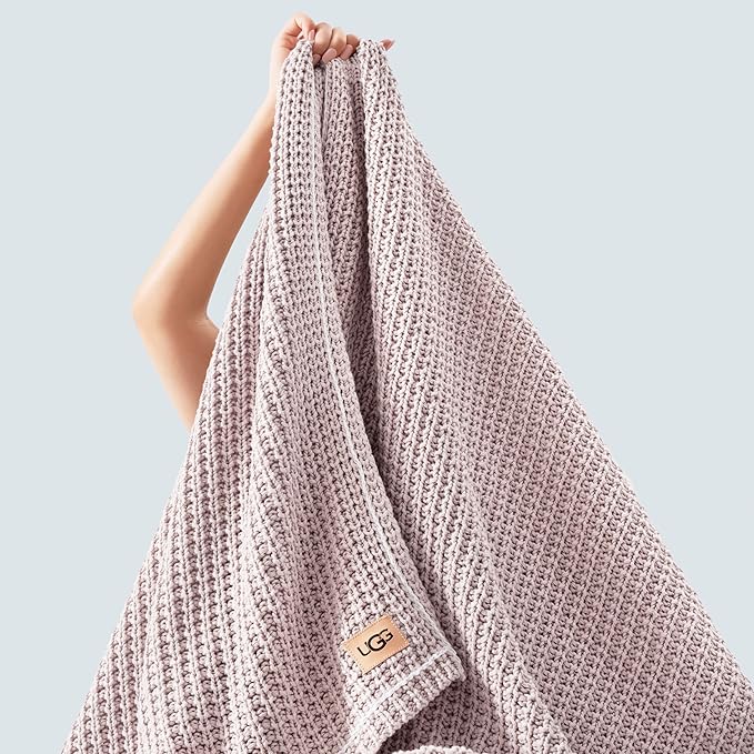 UGG Luna Knit Blanket Throw Cotton Chunky Soft Throw for Couch or Bed Cozy Warm Waffle Giftable Lightweight Blanket for Living Room Bedroom or Dorm Machine Washable, 50-inch x 70-inch, Quartz Pink