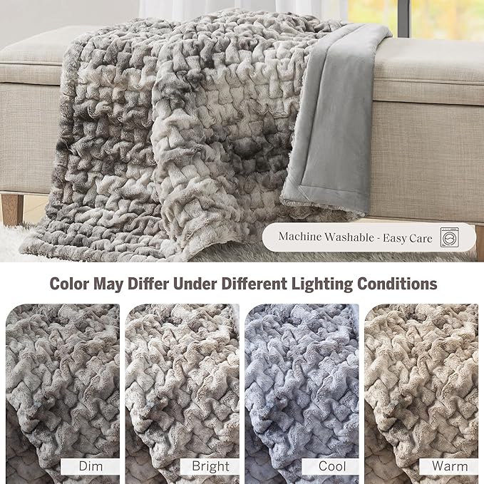 Madison Park Faux Fur Throw, Luxurious Ruched Texture, Fuzzy Warm, Plush Mink-Like Reverse, All Season, Lightweight & Cozy Blanket-Throw for Sofa, Couch, Living Room & Office 50" x 60" Gray Tie Dye