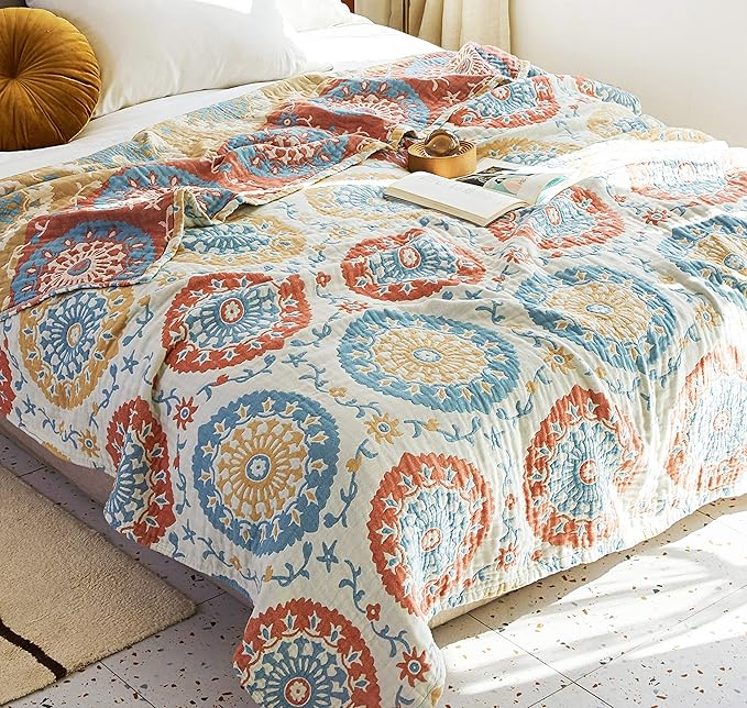 Scientific Sleep Boho Round Retro Farmhouse 100% Cotton Muslin Blanket Throw Cover for Bed Couch Sofa Cozy Soft Reversible Bedding Blanket Bedspread Coverlet Full Queen 80 in x 90 in
