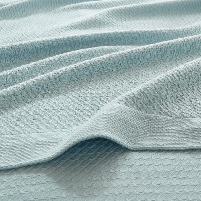 Madison Park 100% Egyptian Cotton Lightweight Summer Blanket, Breathable Waffle Knit Design, Soft Cozy All-Season Throw for Bed, Couch or Sofa, Light Blue Full/Queen Size (90"x90")