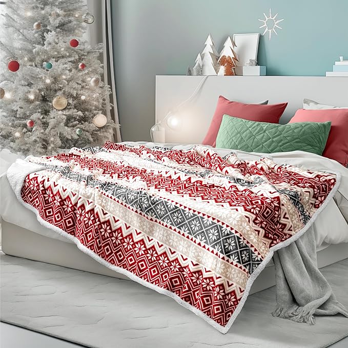 PAVILIA Premium Christmas Sherpa Throw Blanket, Red White Snowflake Holiday Blanket, Ultra-Soft Reversible Fleece Winter Throw for Home Decoration, Cozy Plush 50x60