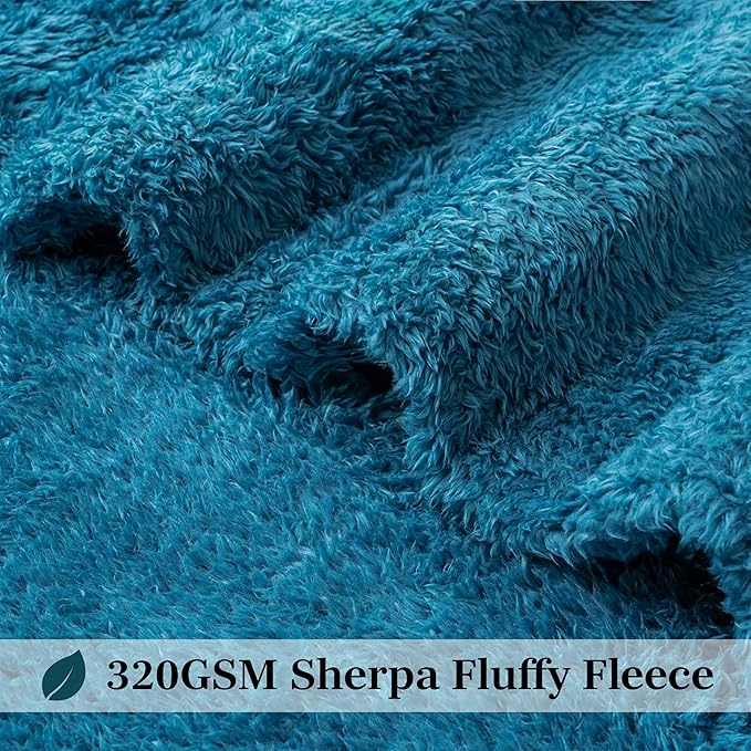 PAVILIA Sherpa Bed Blanket Queen Size, Turquoise Teal Blue Plush Soft Cozy Blanket for Bed, Fluffy Lightweight Microfiber, Fuzzy All Season Blanket, 90x90 Queen