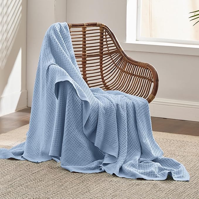 Bedsure Gentlesoft 100% Cotton Throw Blanket for Couch 50x70 inches - Cooling Breathable and Soft for Spring Summer, Waffle Weave Throw Blanket for Office, Sky Blue