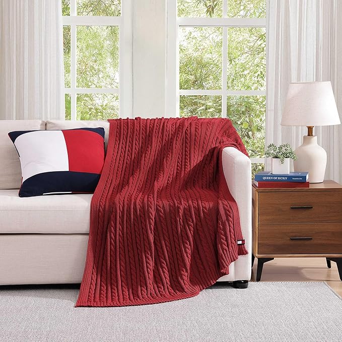 Tommy Hilfiger - Blanket, Ultra-Soft Cable Knit Throw Blanket for Bed or Couch, Lightweight Bedding with a Soft Textured Feel & Iconic Flag Logo (Red, 50" x 70")