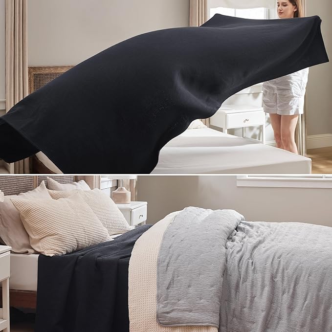 Bedsure GentleSoft 100% Cotton Blanket King Size for Bed - Breathable and Lightweight, Soft Cozy Textured Herringbone Woven Blanket for Summer, Black, 108x90 inches