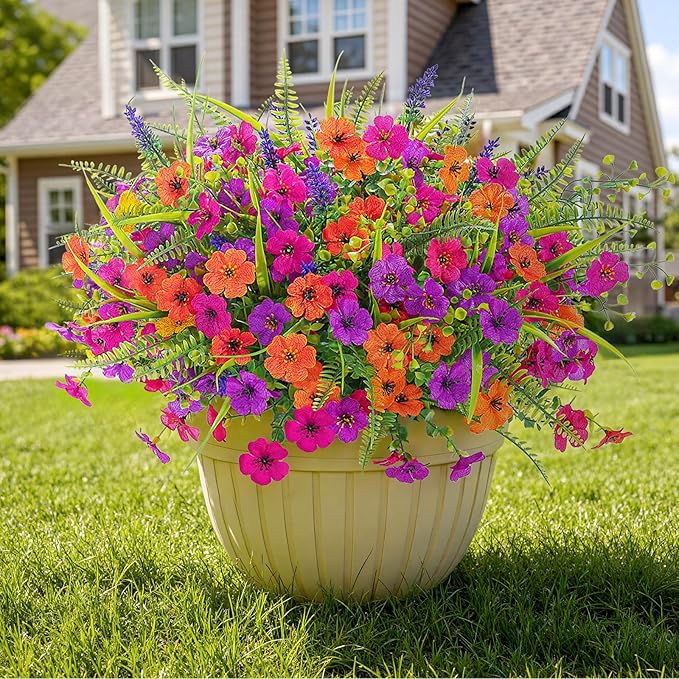 Alupssuc 24 Bundles Artificial Flowers for Outdoors Spring Summer Decoration, UV Resistant Eucalyptus Violet and Lavender Silk Fake Plants for Outside Indoor Yard Home Patio Decor, Orange Rose Purple