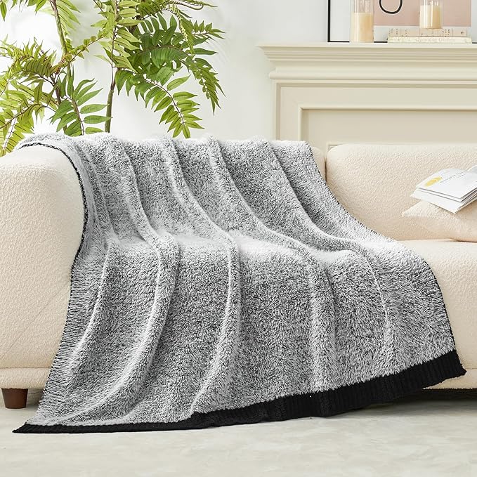 Amélie Home Knit Throw Blanket for Couch, Super Soft Fuzzy Cozy Throw, Giftable Knitted Blanket for Women Men, Birthday, Sofa Bed Living Room Decor, 50" x 60", Heather Black