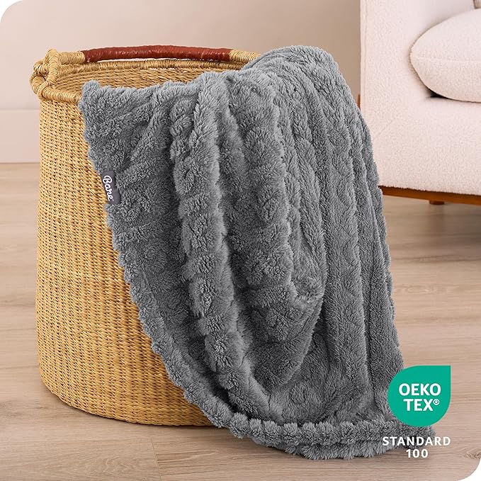 Bare Home Faux Shearling Blanket - Full/Queen Size - Blanket for Bed, Sofa, Couch, Camping, Travel, and Gifts - Warm & Lightweight - Fluffy & Soft (Full/Queen, Cable Grey)