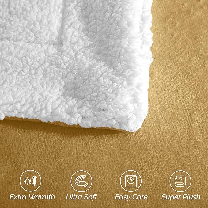 Elegant Comfort Ultra Soft Reversible Flannel Sherpa Blanket - Cozy Silky Fleece Throw for Couch, Bed - Plush Fuzzy Warm Winter Blanket for Gift, Queen, Gold