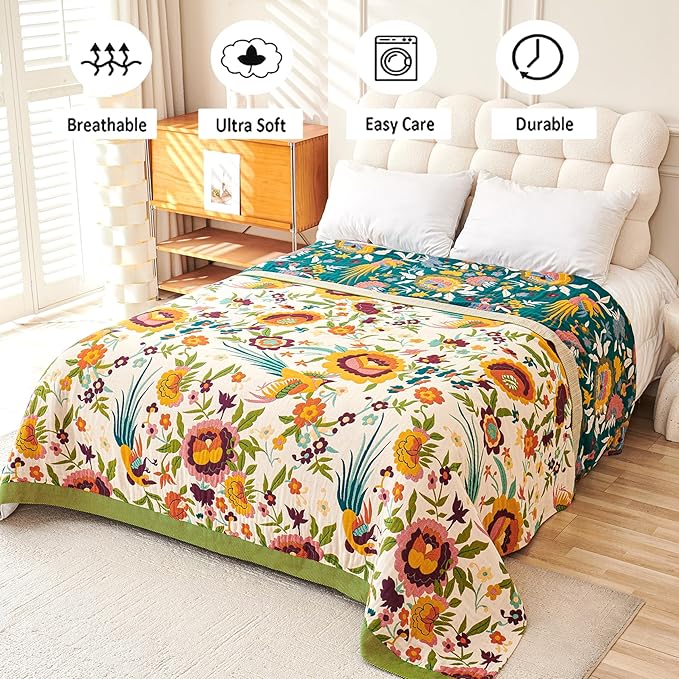 Boho Throw Blanket for Bed, 100% Organic Cotton Breathable Ultra Soft 60" x 80" Quilt Throw - All Season Floral Rustic Farmhouse Decor Luxury Reversible Blanket for Sofa Couch Chair and Gift