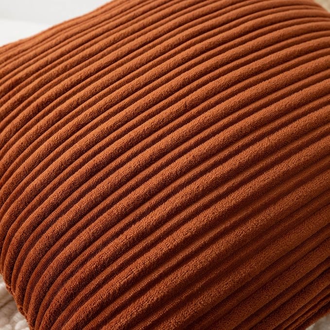 UGASA Fall Velvet 20x20 Inch Soft Throw Pillow Covers Decorative Corduroy Striped Both Sides Solid Square Cushion Cases Boho Farmhouse for Couch Bedroom Sofa Home, Pack of 2, Burnt Orange