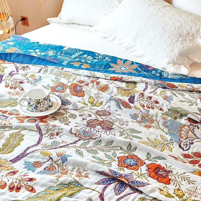 Boho Throw Blanket, 100% Organic Cotton Breathable Skin-Friendly Ultra Soft Bed Quilt Throw - All Season Floral Farmhouse Décor Luxury Blanket for Sofa Couch Chair and Gift. 80" x 90"