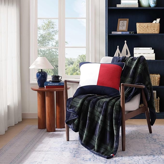 Tommy Hilfiger - Blanket, Ultra-Soft Plush Throw Blanket for Bed or Couch, Cozy Bedding with Solid Reverse & Tailored Hem, Medium Weight for Year Round Comfort (Edinburgh Tartan Blue, 50" x 70")
