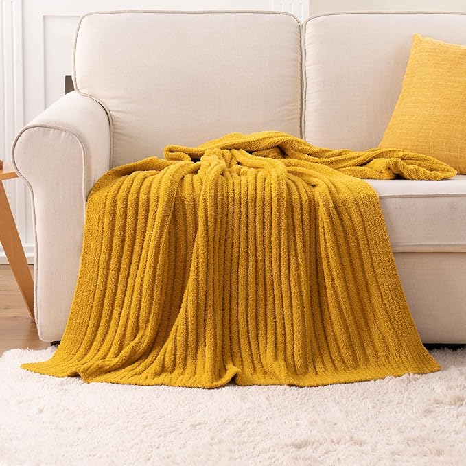 BATTILO Fluffy Soft Yellow Throw Blanket, Fuzzy Plush Mustard Knit Throw Blankets, Warm Lightweight Cozy Blanket for Couch, Bed, Sofa, Home Decor, 50"x60"