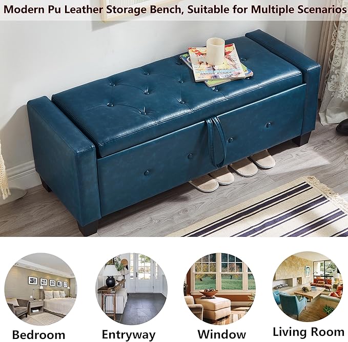 48" PU Leather Storage Ottoman Bench for Bedroom Bed End,Tufted Faux Leather Ottomans with Storage for Living Room,Bedside,Entryway,Modern Window Benches with Seating (PU Blue, 48")