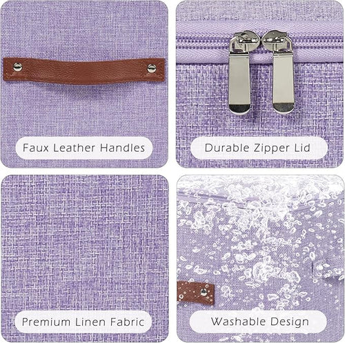 2 Pack Storage Bins with Zipper Lid Cotton Linen Fabric Lidded Storage Baskets Boxes Foldable Washable Closet Shelf Clothes Organizer Container with PU Leather Handles (Purple, Small)