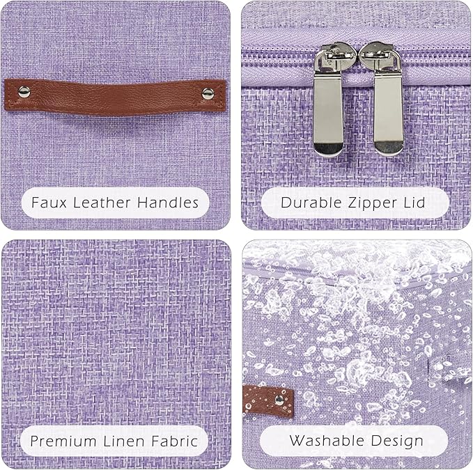 2 Pack Storage Bins with Zipper Lid Cotton Linen Fabric Lidded Storage Baskets Boxes Foldable Washable Closet Shelf Clothes Organizer Container with PU Leather Handles (Purple, Large)