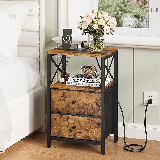 Nightstand Set of 2,Nightstands with Charging Station, Small Bedside Table with Storage, End Table with USB Ports & Outlets,with Fabric Drawers,for Couch, Bedroom(Rustic Brown) LET105R-2