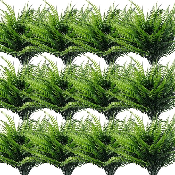 TURNMEON 20 Bundles Artificial Plants Outdoor Faux Boston Fern 17 Inch Long Length Summer Decor, Fake Plants UV Resistant No Fade Plastic Greenery Shrubs Flowers for Garden Porch Indoor Cemetery Decor
