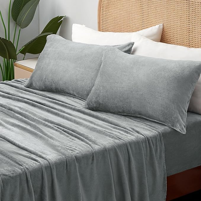 BEDELITE Flannel Sheets Twin Size Grey - Super Soft Fleece Sheets Set Fluffy Extra Plush, 3 Piece(Include Fitted Sheet, Flat Sheet, 1 Pillowcase)