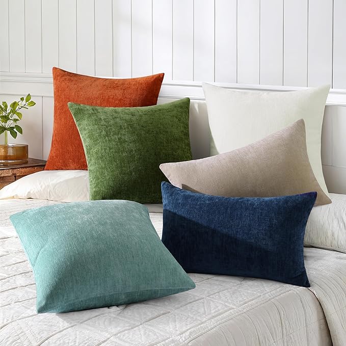 decorUhome Chenille Beige Throw Pillow Covers 22x22 Inch Set of 2, Decorative Soft Couch Pillow Covers Solid Dyed Accent Farmhouse Neutral Square Pillow Cases for Sofa