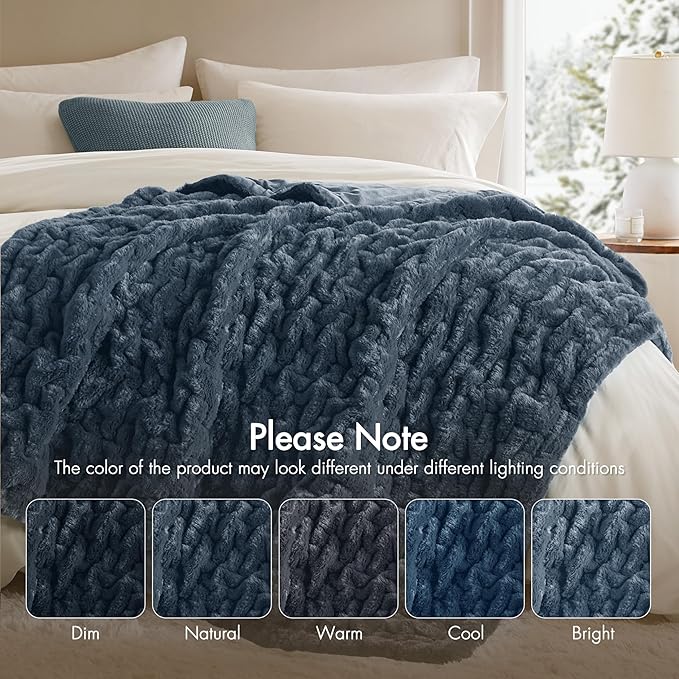 Madison Park Ruched Luxury Throw Premium Soft Cozy Brushed Long Faux Fur For Bed, Couch or Sofa, 50"x60", Slate Blue