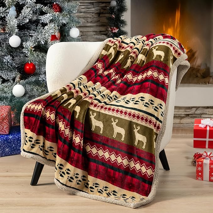 PAVILIA Premium Christmas Sherpa Throw Blanket, Green Red Cabin Design with Reindeer Print, Ultra Soft Reversible Fleece & Sherpa 60x80 Cozy Winter Blanket, Cozy Christmas Holiday Decor