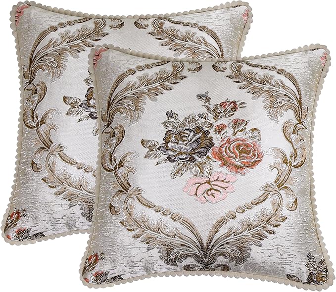 SZHELEJIAM Embroidered Pillow Covers 18x18 Inch Set of 2, Jacquard Retro Cushion Covers in Beige White for Living Room, Sofa Bedroom