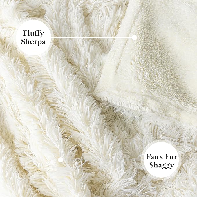 Pavilia Cream Beige Fluffy Throw Blanket for Couch, Fuzzy & Warm, Super Soft Thick Faux Fur Sherpa, 50x60