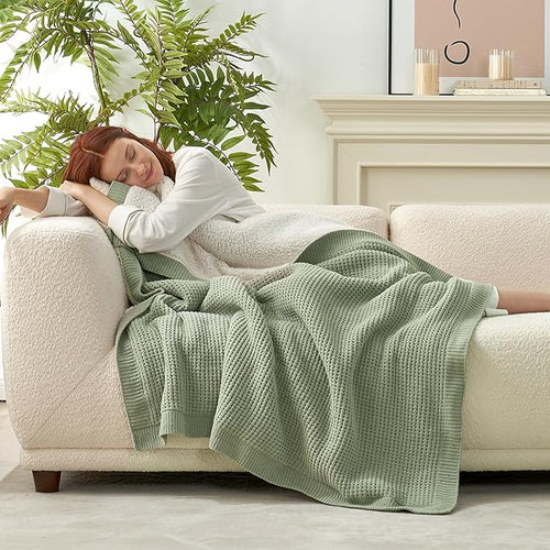 Amélie Home Reversible Waffle Weave Throw Blanket, Chenille Knit with Warm Sherpa, Soft Cozy Blanket for Couch, 50"x60", Sage Green