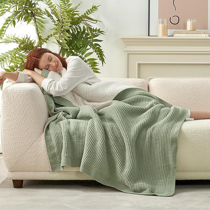 Amélie Home Reversible Waffle Weave Throw Blanket, Chenille Knit with Warm Sherpa, Soft Cozy Blanket for Bed, 60"x80", Sage Green