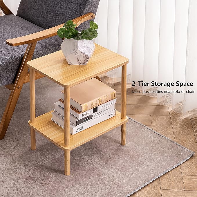 Apicizon 2 Tier End Table, Small Side Table with Solid Wood Legs, Boho Bedside Table with Storage Shelf, Nightstand for Small Spaces, Bedroom, Living Room, Entryway, Farmhouse, Easy Assembly, Natural