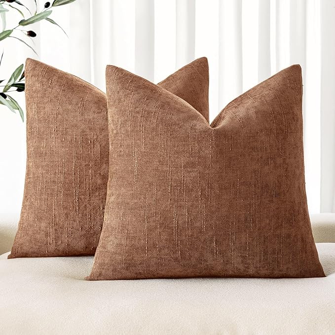 MIULEE Pack of 2 Decorative Throw Pillow Covers Soft Chenille Euro Pillowcases Solid Neutral Farmhouse Textured Cushions Morden Home Decor for Couch Sofa Bedroom Living Room 24x24 Inch,Pecan Brown