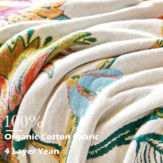 Boho Throw Blanket, 100% Organic Cotton Breathable Skin-Friendly Ultra Soft Bed Quilt Throw - All Season Floral Bird Farmhouse Décor Luxury Blanket for Sofa Couch Chair and Gift. 50" x 60"