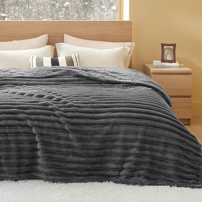 Bedsure King Size Blanket for Bed - 350GSM Super GentleSoft Fuzzy Fluffy Cozy Blankets for Women, Cute Large Plush Fleece Throws for Girls, Grey，108x90 Inches, Wider Striped Design