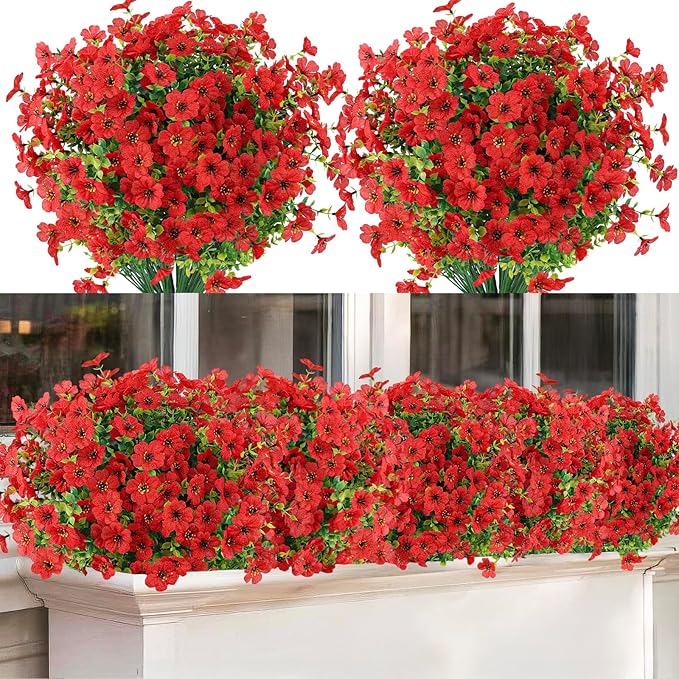 Artificial Flowers Outdoor Faux Plants UV Resistant Fake Patio Flowers Plastic Greenery Plnats Outside Bulk for Spring Garden Hanging Planter Home Vase Decor, 12 Bundles (Red)