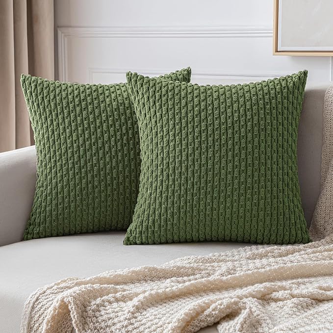 MIULEE Pack of 2 Decorative Throw Pillow Covers 18x18 Inch Soft Boho Striped Textured Corduroy Pillow Covers Modern Farmhouse Home Decor for Couch Bed Sofa Living Room Moss Green