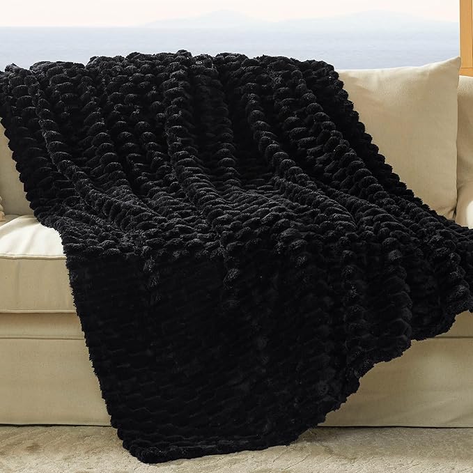Bedsure Black Throw Blanket for Couch - 350GSM Fluffy Plush Bubble Blanket for Bed Home Room Decor, GentleSoft Cute Fleece Soft Cozy Gifts for Women Girls, 50x60 Inches