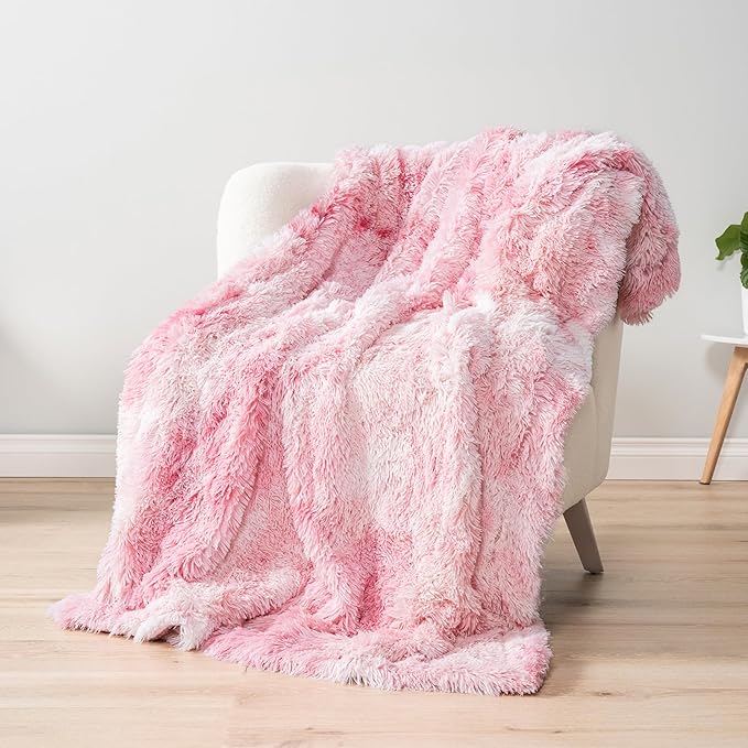 PAVILIA Pink Fluffy Throw Blanket for Couch, Twin Bed, Fuzzy Blanket for Women Men, Furry Plush Warm Blanket Bed Sofa, Super Soft Thick Faux Fur Sherpa Blanket Throw, Tie-Dye, 60x80