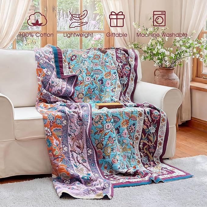 Boho Throw Blanket - 100% Cotton Ultra Soft Muslin Blanket, 60"x80" Lightweight Framhouse Bedding Spring Blanket for Bed, All Season Blue and Purple Floral Bohemian Bedroom Home Decor Quilt