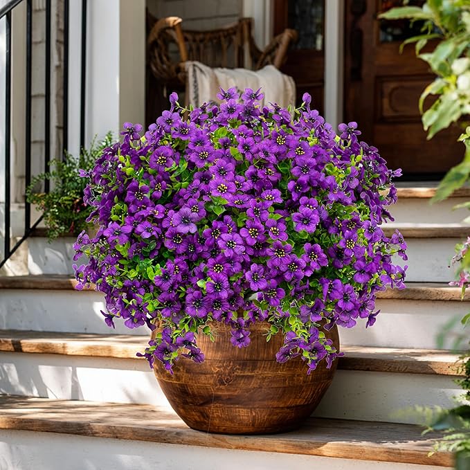 Artificial Flowers for Outdoors Fake Plants - 16 Bundles Fake Plants UV Resistant No Fade Faux Plastic Greenery Home Garden Porch Patio Decoration Office Indoor (Purple)